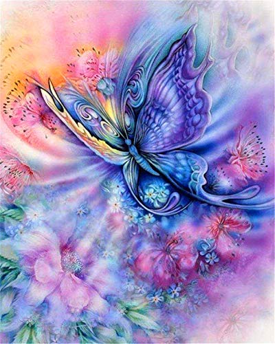 YEESAM ART DIY Ölgemälde Malen nach Zahlen Erwachsene Kinder, Lila Schmetterling Blumen 16x20 Zoll Zahlenmalerei ab 5 Öl Wandkunst (Lila, ohne Rahmen) von YEESAM ART