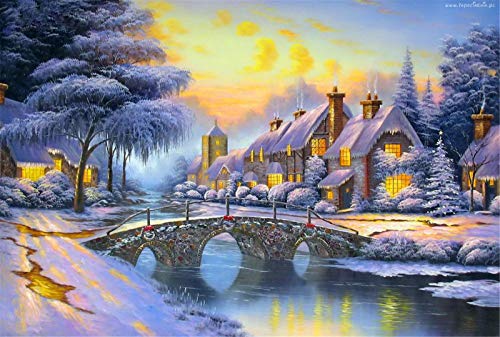 YEESAM ART DIY Ölgemälde Malen nach Zahlen Erwachsene Kinder, Warm Haus im Winter Zahlenmalerei ab 5 Öl Wandkunst (Haus, mit Rahmen) von YEESAM ART