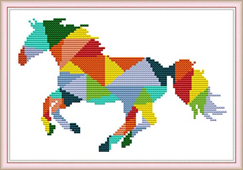 YEESAM ART Kreuzstich-Set, gestempelt für Erwachsene, Anfänger, Kinder, Regenbogen-Tangram-Pferd, 11 Ft, 34 x 23 cm, Stickerei-Set mit Mustern, Nadelspitze, Weihnachten (Pferd) von YEESAM ART