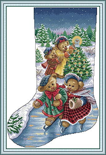 YEESAM ART Kreuzstich-Set, gestempelt für Erwachsene, Anfänger, Kinder, Weihnachtsstrumpf Bären, Weihnachtsbaum, 11 Karat, 54 x 77 cm, Stickerei-Set mit Mustern, Nadelspitze, Weihnachten von YEESAM ART