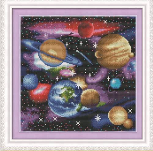 YEESAM ART Kreuzstich Set Vorgedruckt Erwachsene Anfänger Kinder, Weltraumsterne, Planeten, 11 Karat, 36 × 36 cm DIY Kreuzstich Stickpackungen Vorgedruckt Sticken Set von YEESAM ART