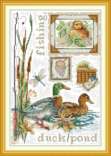 YEESAM ART Kreuzstich-Set für Erwachsene, Anfänger, Katze in Blume, vorgedruckt, 11 Karat, Stickerei-Starter-Set, einfaches Nähset, Heimdekoration (Ente) von YEESAM ART