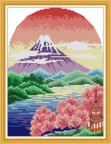 YEESAM ART Kreuzstich-Set für Erwachsene, Anfänger, Kinder, schöne Aussicht auf den Berg Fuji, Japan, 11 Ct, 32 x 40 cm, Stickerei-Set mit einfachen, lustigen vorgedruckten Mustern, Nadelspitze YEESAM ART Kreuzstich-Set für Erwachsene, Anfänger, Kinder, schöne Aussicht auf den Berg Fuji, Japan, 11 Ct, 32 x 40 cm, Stickerei-Set mit einfachen, lustigen vorgedruckten Mustern, Nadelspitze von YEESAM ART