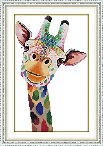 YEESAM ART Kreuzstich Stickerei Set für Erwachsene Anfänger Kinder, Bunte Giraffe 11CT 36×52 cm Vorgedruckten DIY Stickerei Handarbeit Kits von YEESAM ART