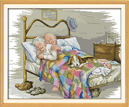 YEESAM ART Kreuzstich Stickerei Set für Erwachsene Anfänger Kinder, Der Alte Verheiratet Paar Süßes Leben 11CT 57×46 cm Vorgedruckten DIY Stickerei Handarbeit Kits (Paar) von YEESAM ART