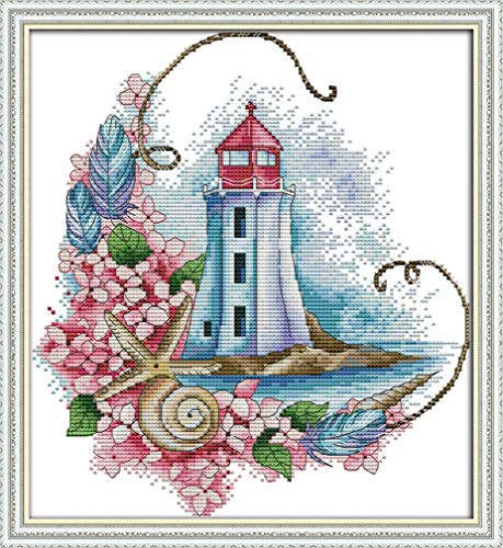 YEESAM ART Kreuzstich Stickerei Set für Erwachsene Anfänger Kinder, Leuchtturm Seestern Rosa Blumen 11CT 36×39 cm Vorgedruckten DIY Stickerei Handarbeit Kits (Rosa) von YEESAM ART