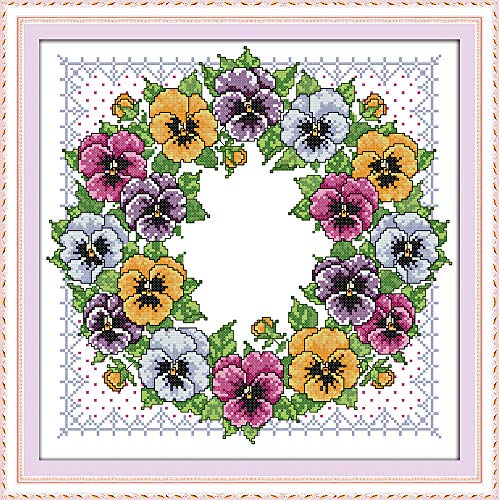 YEESAM ART Kreuzstich Stickerei Set für Erwachsene Anfänger Kinder, Stiefmütterchen Blumen Kranz 11CT 46×46 cm Vorgedruckten DIY Stickerei Handarbeit Kits (Blumen) von YEESAM ART