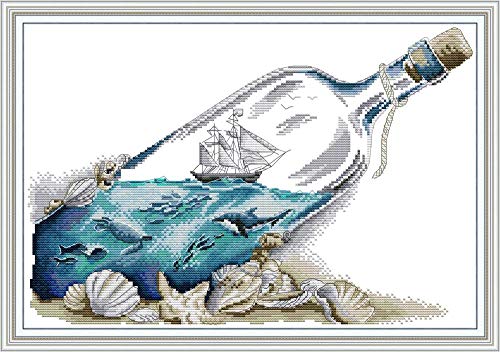 YEESAM ART KreuzstichSet für Erwachsene, Anfänger, Kinder, blaues Meer in einer Flasche, 11 Ct, 54 x 38 cm, StickereiSet mit einfachen, lustigen vorgedruckten Mustern, Nadelspitze, Weihnachten von YEESAM ART