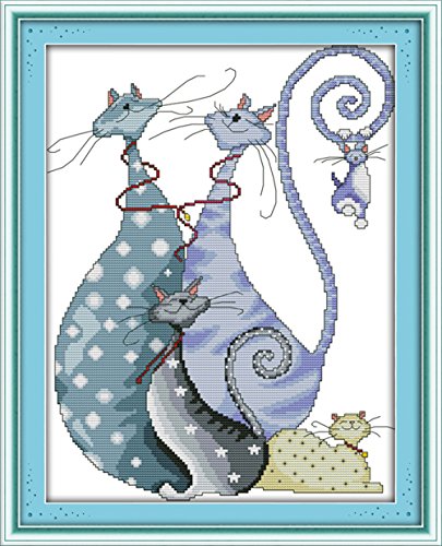 YEESAM ART Neu Kreuzstich Stickpackung - Glückliche Katzen 14 CT 32×41 cm DIY Stickerei Set Weiß Segeltuch - Kreuz Nähen Handarbeit Weihnachten Geschenke Cross Stitch Kit von YEESAM ART