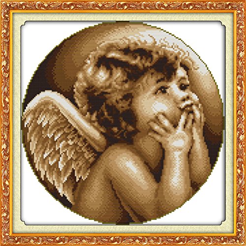 YEESAM ART Neu Kreuzstich Stickpackung - Netter kleiner Engel 14 CT 36×50 cm DIY Stickerei Set Weiß Segeltuch - Kreuz Nähen Handarbeit Weihnachten Geschenke Cross Stitch Kit von YEESAM ART