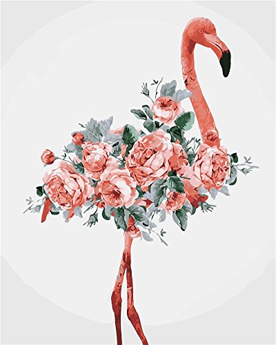 YEESAM ART Neuerscheinungen Malen nach Zahlen für Erwachsene- Flamingo Blumen Rosa Vögel 16x20 Zoll Leinen Segeltuch - DIY ölgemälde ölfarben Weihnachten Geschenke von YEESAM ART