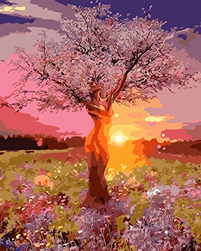 YEESAM ART Neuerscheinungen Malen nach Zahlen für Erwachsene Kinder - Rosa Sonnenuntergang Himmel Schönheits Baum 16x20 Zoll Leinen Segeltuch von YEESAM ART