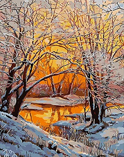 YEESAM ART Neuheiten Malen nach Zahlen Erwachsene Kinder, Früher Frühling Schnee Szene 40x50 cm Leinen Segeltuch, DIY ölgemälde Weihnachten Geschenke von YEESAM ART