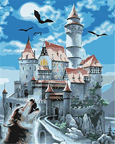 YEESAM ART Neuheiten Malen nach Zahlen Erwachsene Kinder, Geist Schloss, Fledermaus & Wolf 40x50 cm Leinen Segeltuch, DIY ölgemälde Weihnachten Geschenke von YEESAM ART