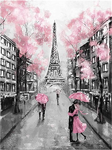 YEESAM ART Neuheiten Malen nach Zahlen Erwachsene Kinder, Paris Eiffelturm Romantisch Kirschblüte Rosa Blumen 40x50 cm Leinen Segeltuch, DIY ölgemälde Weihnachten Geschenke von YEESAM ART