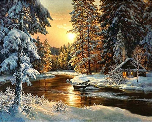 YEESAM ART Malen nach Zahlen Erwachsene Kinder, Sonnenuntergang Wald Fluss Schnee Szene 40x50 cm Leinen Segeltuch, DIY ölgemälde Weihnachten Geschenke von YEESAM ART