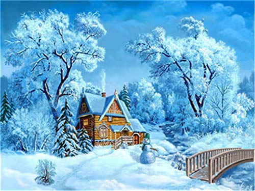 YEESAM ART Neuheiten Malen nach Zahlen Erwachsene Kinder, Winter Wald Chalet Haus Schneemann 40x50 cm Leinen Segeltuch, DIY ölgemälde Weihnachten Geschenke (Chalet, Mit Rahmen) von YEESAM ART