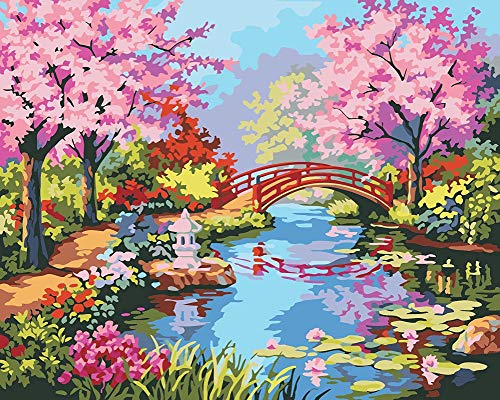YEESAM ART Neuheiten Malen nach Zahlen Erwachsene Kinder, kirschblüte in japan, japanischer Garten 40x50 cm Leinen Segeltuch, DIY ölgemälde Weihnachten Geschenke von YEESAM ART