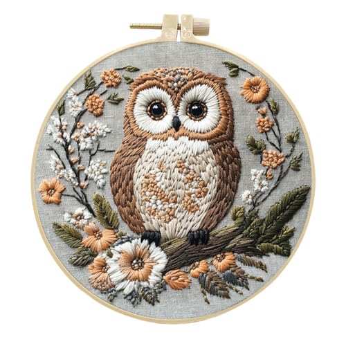 YEESAM ART Stickerei-Starter-Set mit Eule mit Frühlingsblütenmustern, komplettes Set, DIY-Stickerei-Kreuzstich-Kits für Erwachsene, Anfänger, Handarbeit, Nähen von YEESAM ART