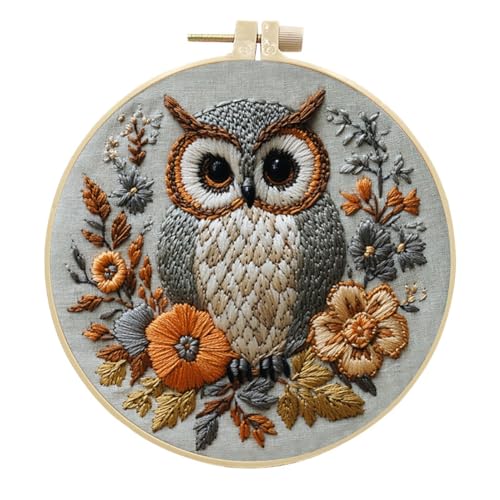 YEESAM ART Stickerei-Starter-Set mit Eule und Herbstblütenmustern, komplettes Set, DIY-Stickerei-Kreuzstich-Kits für Erwachsene, Anfänger, Handarbeit, Nähen von YEESAM ART