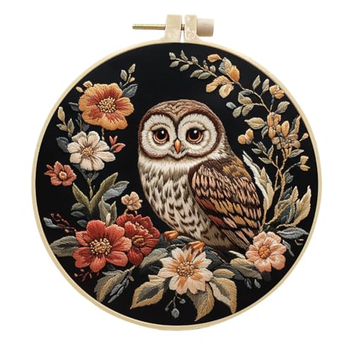 YEESAM ART Stickerei-Starter-Set mit Eule unter Nachtblüten, komplettes Set, DIY-Stickerei-Kreuzstich-Sets für Erwachsene, Anfänger, Handarbeit, Nähen von YEESAM ART