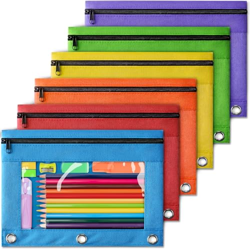 Federmäppchen mit 3 Ringbüchern mit Reißverschluss und transparentem Fenster, 6 verschiedene Farben, Federmäppchen für 3-Loch-Ordner, Mehrzweck-Aufbewahrungstasche für Büro, Schulbedarf, 6 Stück von YEGEER