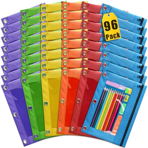 Federmäppchen mit 3 Ringbüchern mit Reißverschluss und transparentem Fenster, 6 verschiedene Farben, Federmäppchen für 3-Loch-Ordner, Mehrzweck-Aufbewahrungstasche für Büro, Schulbedarf, 96 Stück Federmäppchen mit 3 Ringbüchern mit Reißverschluss und transparentem Fenster, 6 verschiedene Farben, Federmäppchen für 3-Loch-Ordner, Mehrzweck-Aufbewahrungstasche für Büro, Schulbedarf, 96 Stück von YEGEER