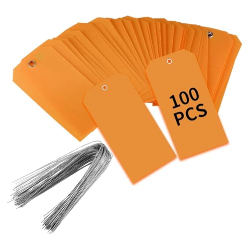 YEHEI 100 Stück 4 3/4 X 2 3/8 Kunststoff-Versandetiketten mit Drähten, Leere Beschriftungsetiketten, Wasserdichte Hängeetiketten (Orange), Einfache Installation von YEHEI