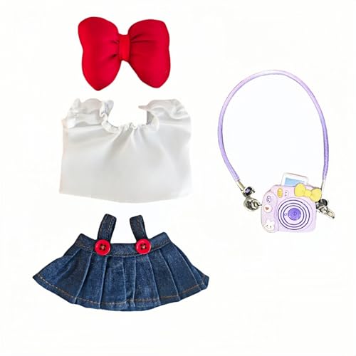 Puppenkleidung Outfits, 4-teiliges Puppenkleidungsset, Zubehör, Dekoration, Denim-Kostüm, klassischer Jeansrock, weißes Hemd, rote Schleife, kleine Kamera (keine Puppenkleidung nur) (blauer Jeansrock von YEHOOM