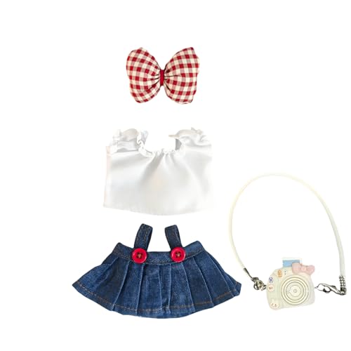 Puppenkleidung Outfits, 4-teiliges Puppenkleidungsset, Zubehör, Dekoration, Denim-Kostüm, klassischer Jeansrock, weißes Hemd, rote Schleife, kleine Kamera (keine Puppenkleidung nur) (blauer Jeansrock von YEHOOM