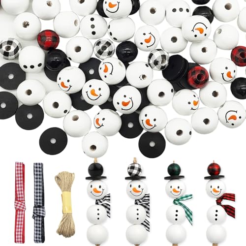 YEJAHY 120 Stück Schneemann Holzperlen, 20mm Schneemann-Gesicht Holzperlen mit 10m Hanfseil, für DIY Weihnachten Winter-Dekorationen (A) von YEJAHY