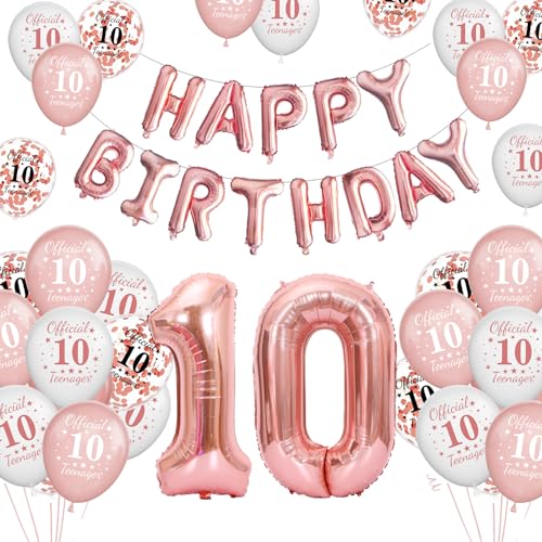 10 Geburtstagsdeko Luftballons Rosegold, Geburtstag 10 Jahre Balloon Junge Mädchen, Happy Birthday Girlande Banner Folienballon Party Deko Geburtstag, 10 Geburtstag Balloons für Party Deko von YEJIKJ
