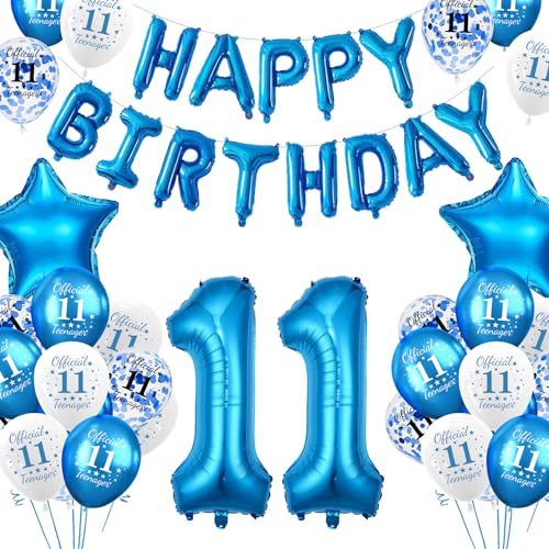 11 Geburtstagsdeko Luftballons Blau, Geburtstag 11 Jahre Balloon Junge Mädchen, Happy Birthday Girlande Banner Folienballon Party Deko Geburtstag, 11 Geburtstag Balloons für Party Deko von YEJIKJ
