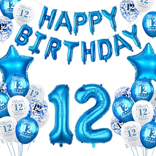 12 Geburtstagsdeko Luftballons Blau, Geburtstag 12 Jahre Balloon Junge Mädchen, Happy Birthday Girlande Banner Folienballon Party Deko Geburtstag, 12 Geburtstag Balloons für Party Deko von YEJIKJ