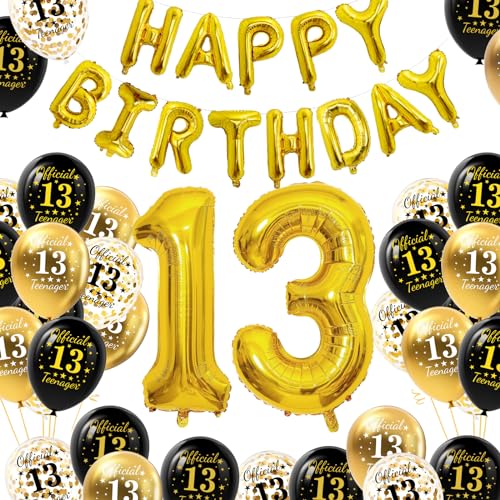 13 Geburtstagsdeko Luftballons Schwarz Gold, Geburtstag 13 Jahre Balloon Junge Mädchen, Happy Birthday Girlande Banner Folienballon Party Deko Geburtstag, 13 Geburtstag Balloons für Party Deko von YEJIKJ