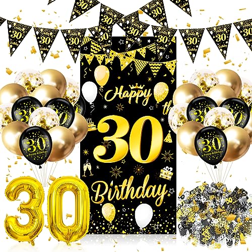 30 Geburtstag Deko, 30 Geburtstag Frauen Männer Dekorationen Banner, Luftballons Gold Schwarz Konfetti 30. Geburtstag Deko, Deko 30 Geburtstag Lange Banner Hintergrund with Wimpelketten(150 * 70cm) von YEJIKJ