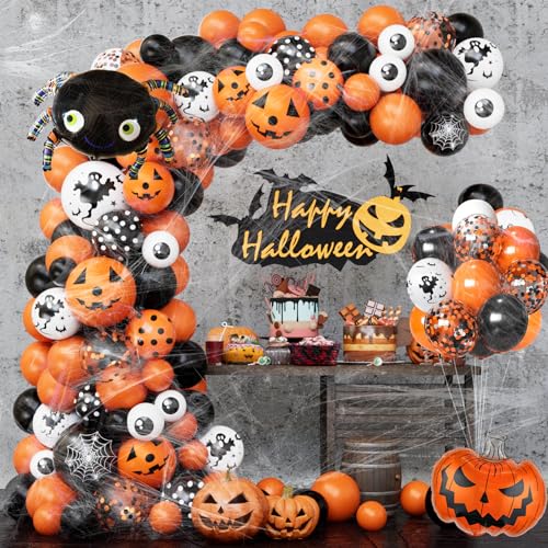 Halloween Balloons Arch Garland Kit with Halloween Spider Web and Spider, 86pcs Confetti Latex Black Orange Balloons Halloween Foil Balloons for Scary Halloween Party Decorations von YEJIKJ
