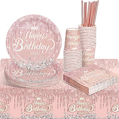 Rosegold Partygeschirr Set, Rosegold Geburtstag Party Geschirr Pappteller Set, Tischdeko Geburtstag Mädchen mit Tischdecken Tassen Strohhalme Servietten für Geburtstagsdeko Mädchen Partys 16 Gäste von YEJIKJ