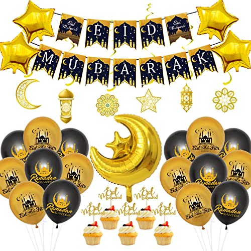 YEJIKJ Eid Mubarak Dekoration Schwarz Gold, Ramadan Mubarak Deko Set mit Eid Mubarak Ballon, Eid Mubarak Girlande, Mond Stern Folienballon, Hanging Swirl, Mubarak Tortendeko von YEJIKJ