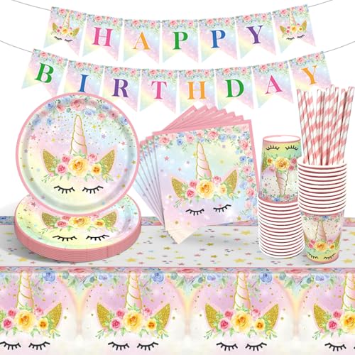 YEJIKJ Einhorn Partygeschirr Set, Einhorn Geburtstagsdeko Partygeschirr Kindergeburtstag, Einhorn Geburtstag Party Geschirr, Pappteller Servietten Tischdecke für Party Kindergeburtstag Deko 16 Gäste von YEJIKJ