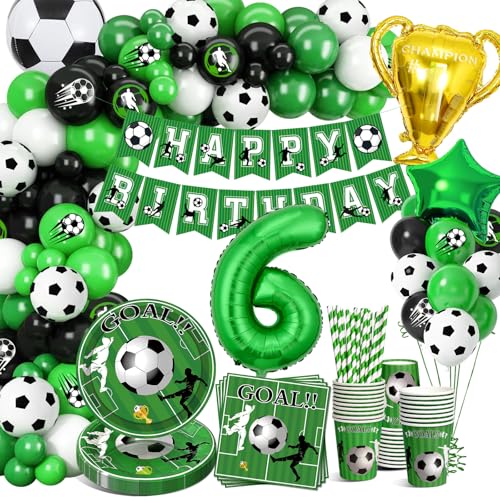 YEJIKJ Fussball Deko Geburtstag Kinder 6 Jahre, Fußball Luftballon 6. Geburtstag, Fußball Party Dekorationen Partygeschirr Set, Fussball Geburtstagsdeko Jungen 6 Jahre für Fussball Party 16 Gäste von YEJIKJ