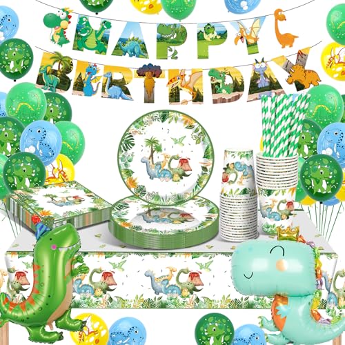 YEJIKJ Dinosaurier Geburtstag Geschirr Set, Dino Geburtstag Deko, Partygeschirr Set Pappteller Kindergeburtstag, Dinosaurier Luftballons Pappteller für Party Kindergeburtstag Deko Geburtstag(16 Gäste) von YEJIKJ