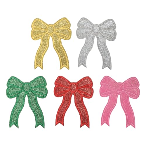 YELARXI Glitzer-Schleifen-Aufnäher zum Aufbügeln mit Pailletten, bestickte Applikation, passend für Jeans, Jacken, Frauen, Kleidung, Hüte, Rucksäcke (5 Stück, rot/gold/rosa/grün/silbergrau) von YELARXI
