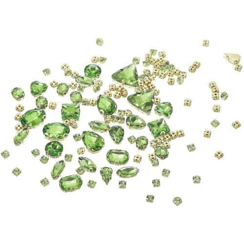 YELARXI Strasssteine zum Aufnähen, Metallbasis, Kristallglas-Edelsteine, 1,5 - 1,9 cm, passend für Schmuck, Kleidung, Kostüme, Schuhe, Kleider, Handwerk, gemischte Formen (130 Stück, Hellgrün) von YELARXI
