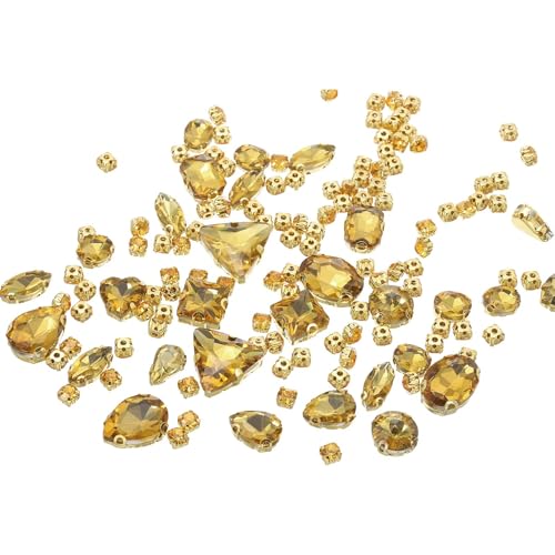 YELARXI Strasssteine zum Aufnähen auf Metallbasis, Kristallglas-Edelsteine, 1,5 - 1,9 cm, passend für Schmuck, Kleidung, Kostüme, Schuhe, Kleider, Handwerk, gemischte Formen (130 Stück, goldgelb) von YELARXI