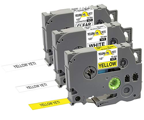 Yellow Yeti 3 Schriftbander TZe-131 TZe-231 TZe-631 12mm x 8m schwarz auf transparent weiß gelb Etikettenbänd kompatibel für P-Touch PT-1000 1005 H100 H101C D210VP D400 D600VP P700 P750W CUBE von YELLOW YETI