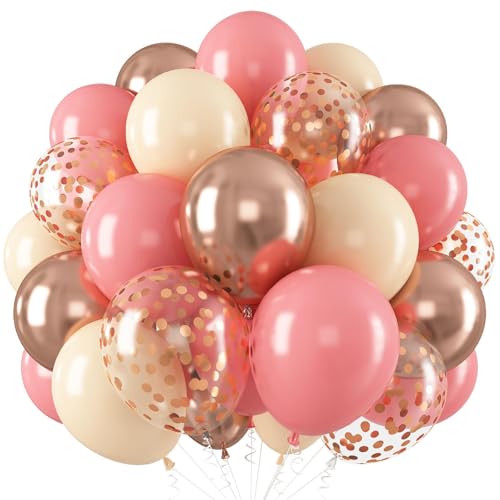 60 Stück Luftballons Beige Altrosa,12 zoll Retro Aprikose Rosa Latex luftballons Metallic luftballons Konfetti luftballons für Geburtstag, Hochzeit, Babyparty Dekoration(PK+SK) von YELYAN