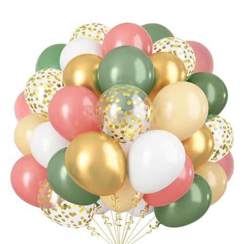 60 Stück Luftballons Retro Grün Rosa, 12 zoll Retro Grün Rosa Beige Latex luftballons Gold Metallic luftballons Konfetti luftballons für Geburtstag, Hochzeit, Babyparty Dekoration（Retro PK+GN） von YELYAN