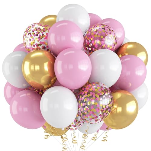 60 Stück Luftballons Rosa Gold, 12 zoll Rosa Weiß Latex luftballons Metallic luftballons Konfetti luftballons für Geburtstag, Hochzeit, Babyparty Dekoration(PK+GD) von YELYAN