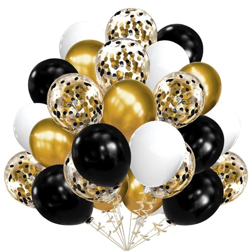 60 Stück Luftballons Schwarz Gold, 12 zoll Schwarz Weiß Latex luftballons Gold Metallic luftballons Schwarz Gold Konfetti luftballons für Geburtstag, Hochzeit, Babyparty Dekoration(BK+GD) von YELYAN
